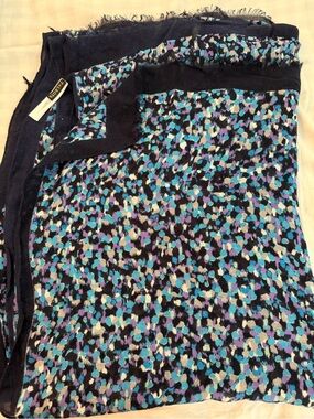 Talbots Navy Patterned Fringe Scarf with Teal and Lavender Accents